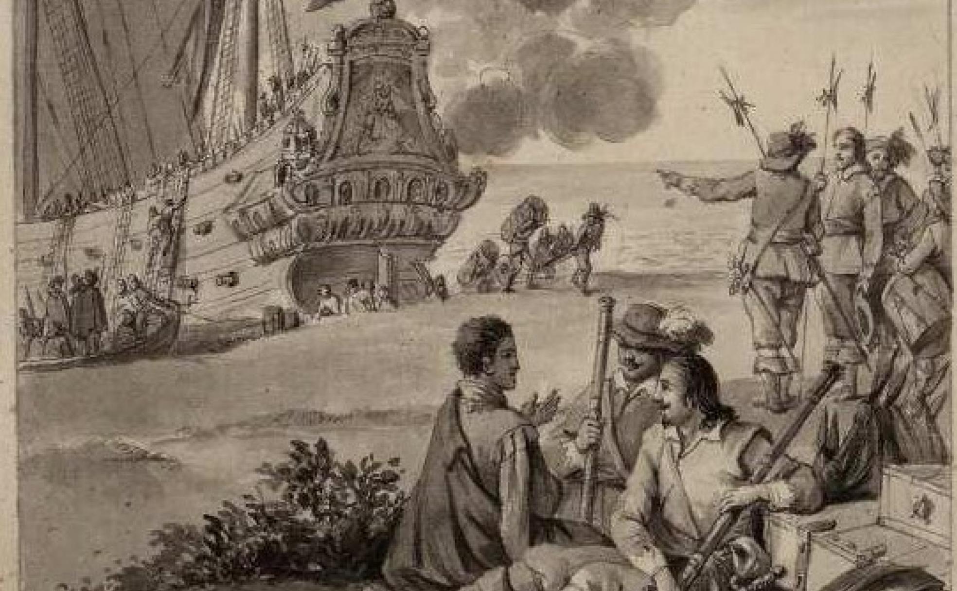 Desembarco de soldados españoles en el puerto de la Concepción de Chile. 