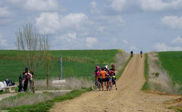 Ciclistas por la Ruta Jacobea a su paso por Calzadilla de la Cueza. 
