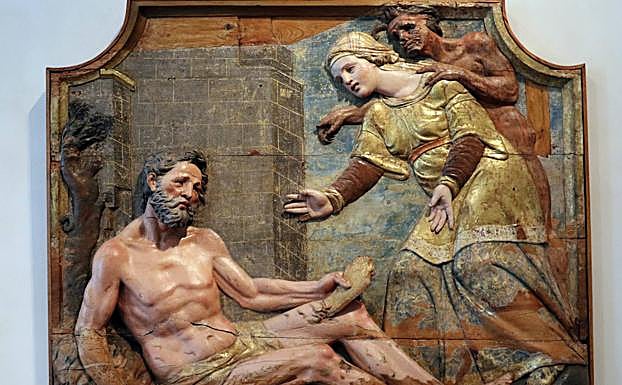 Imagen principal - A la izquierda, 'Job en el muladar', de Francisco Giralte (1550) y Retablos del trascoro de San Benito el Real, de Juan de Cambray y Cornieles de Holanda (1530). A la derecha, 'San Antonio Abad', del taller de Juan de Juni, 1547. 