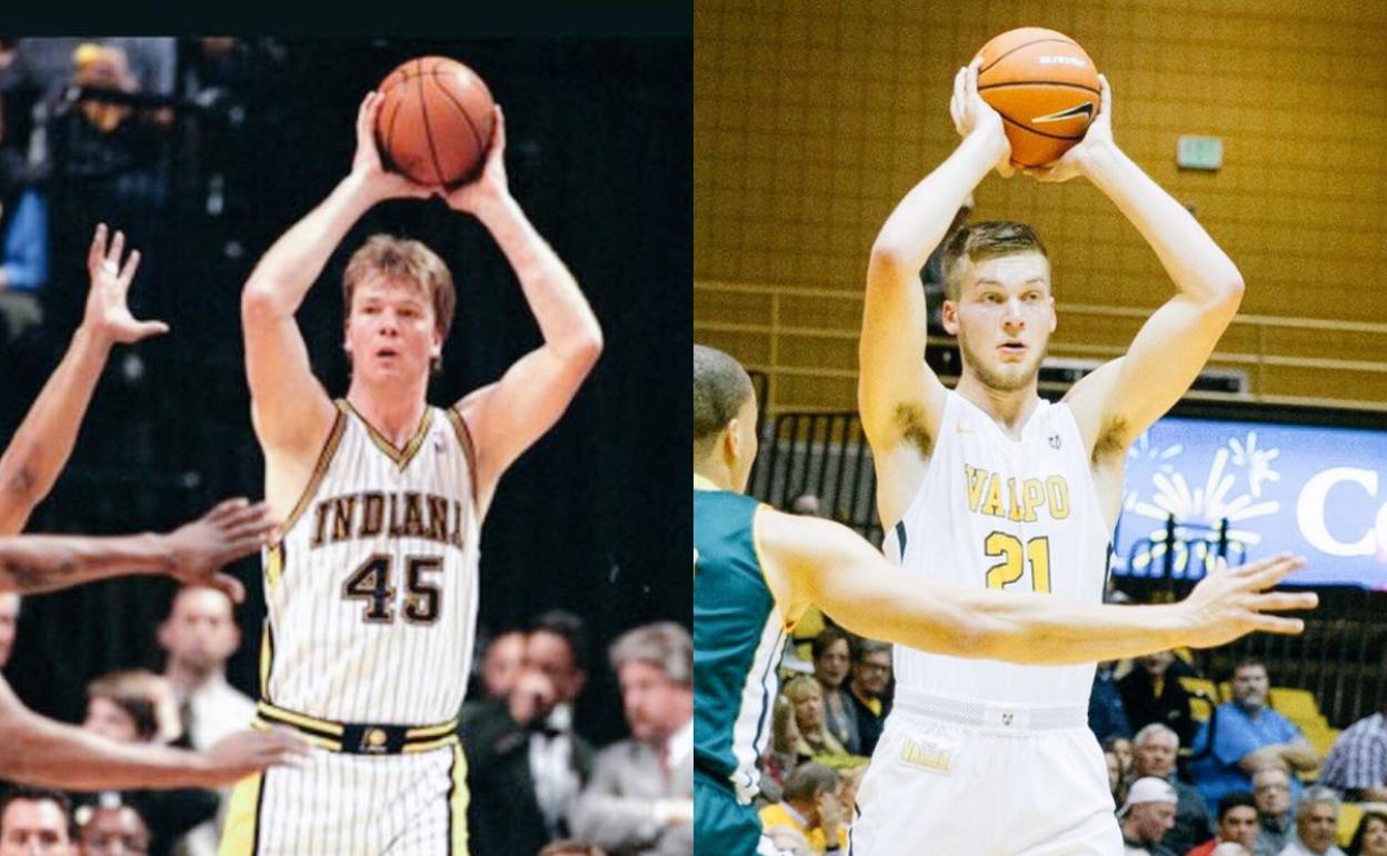 A la izquierda, Rik Smits (padre) con Indiana; a la derecha Derrik Smits (hijo) con la camiseta de Valparaíso. 