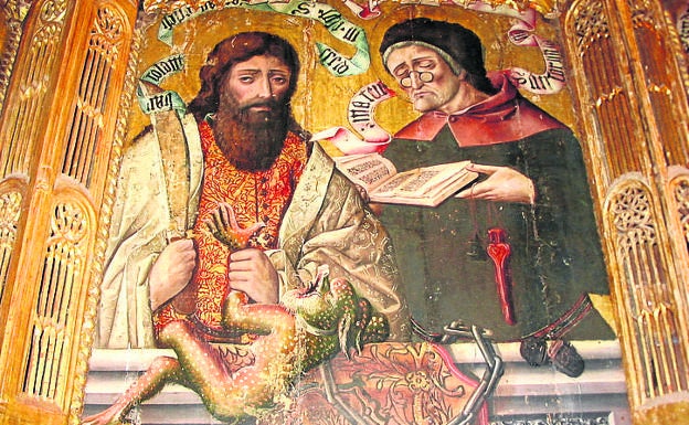 Imagen principal - Arriba, pintura sobre tabla, en un retablo de la Iglesia de El Salvador; detalle de un relieve de un retablo de El Salvador y retablo de El Salvador, que muestra el esplendor patrimonial de Mayorga. 