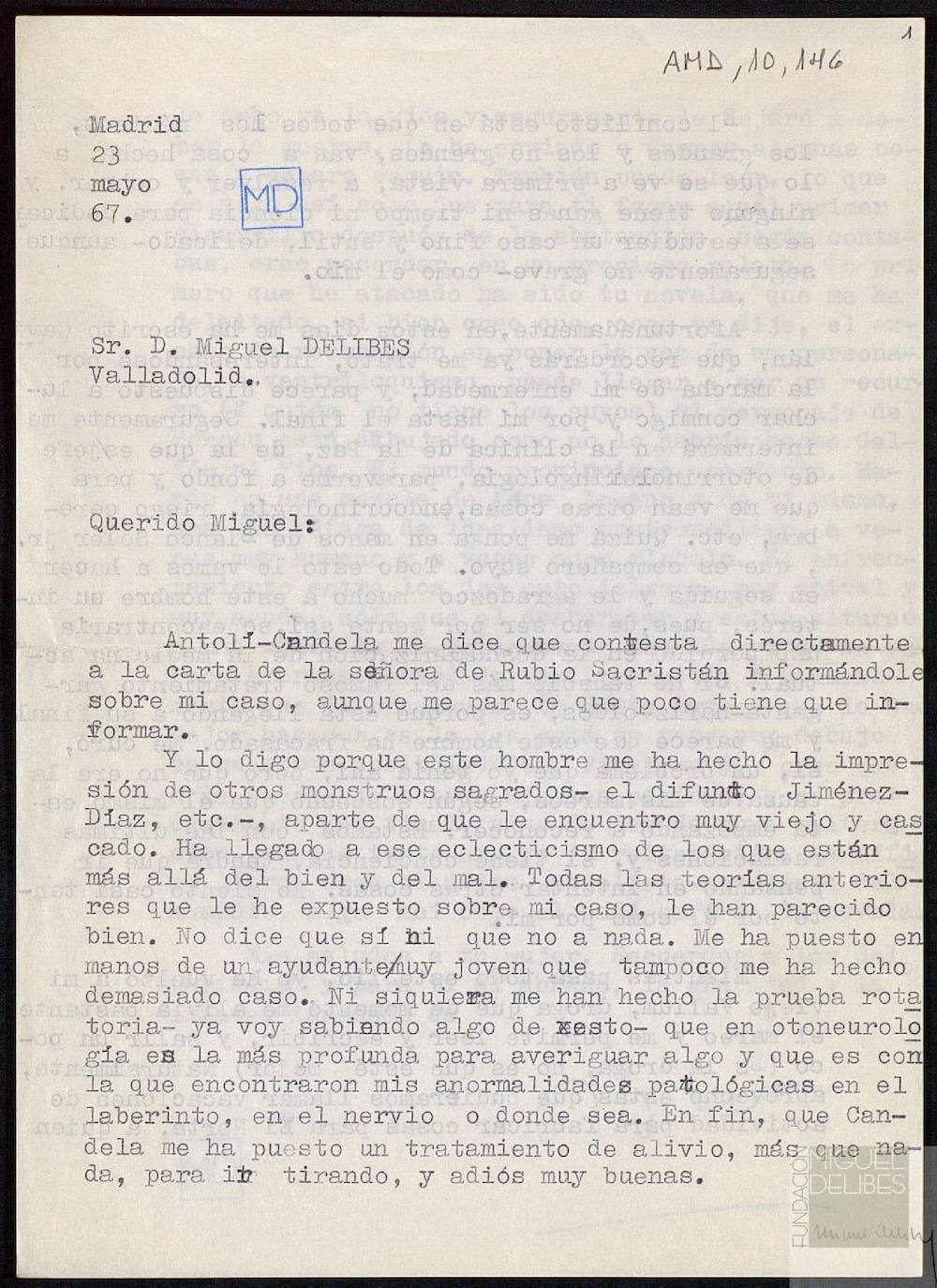 Carta de Umbral a Delibes. 23.05.67 "A El Norte le debo la vida y le dejo a deber la muerte". (1/4)