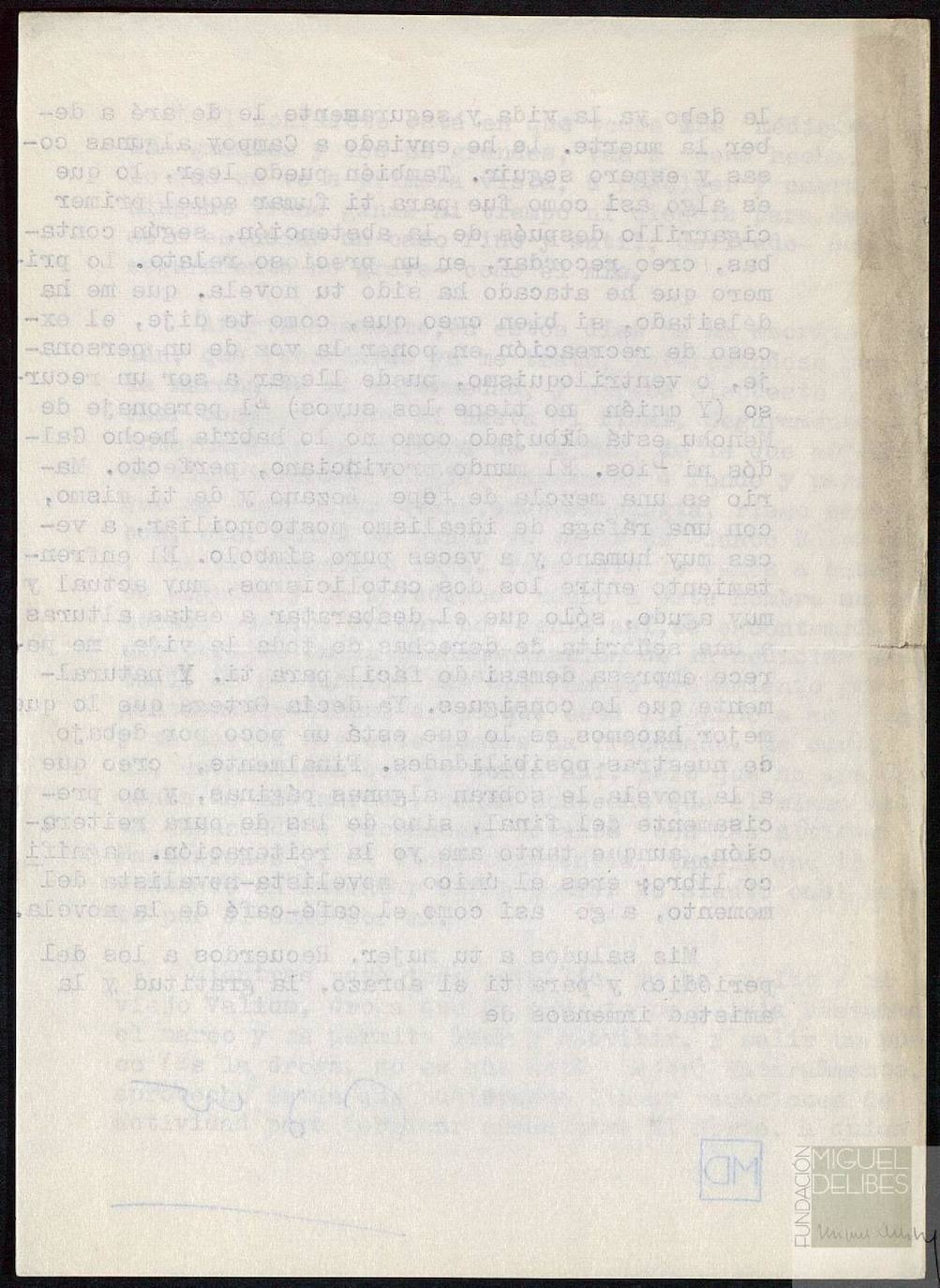 Carta de Umbral a Delibes. 23.05.67 "A El Norte le debo la vida y le dejo a deber la muerte". (4/4)