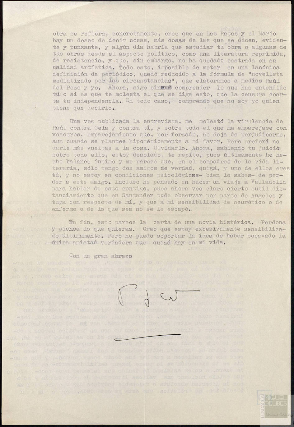 Carta de Umbral a Delibes. 03.09.67. Agradeciendo a El Norte su generosidad durante su enfermedad y tratando de aclarar el entuerto Raúl del Pozo (2/2)