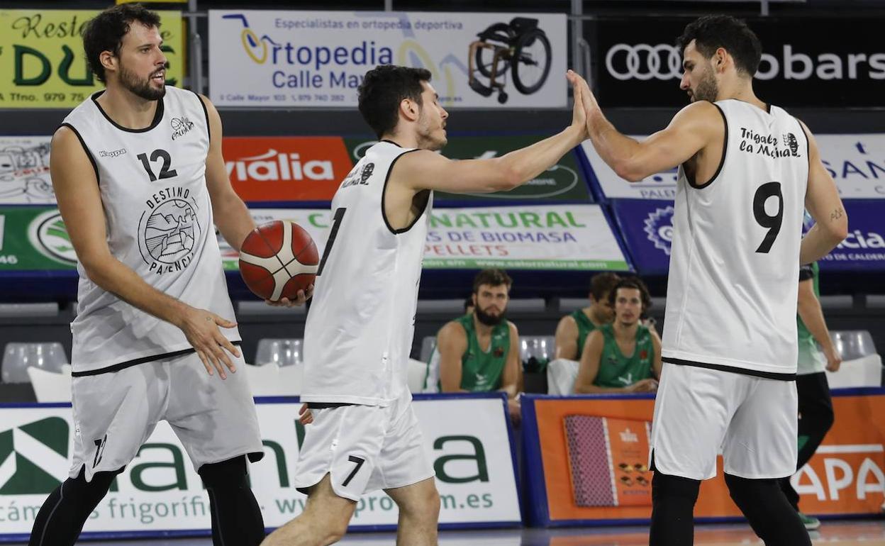 La plantilla del Destino Palencia celebra un punto ante el Cáceres.