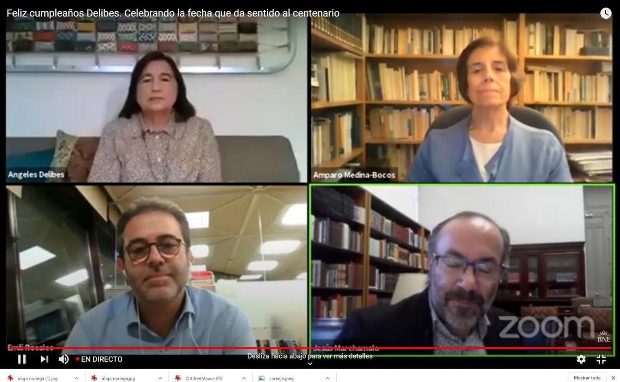 De izquierda a derecha y de arriba abajo, Ángeles Delibes, hija del escritor; Amparo Medina-Bocos, especialista en la obra de Delibes; Emili Rosales, editor de Destino, y Jesús Marchamalo, escritor y comisario de la exposición.