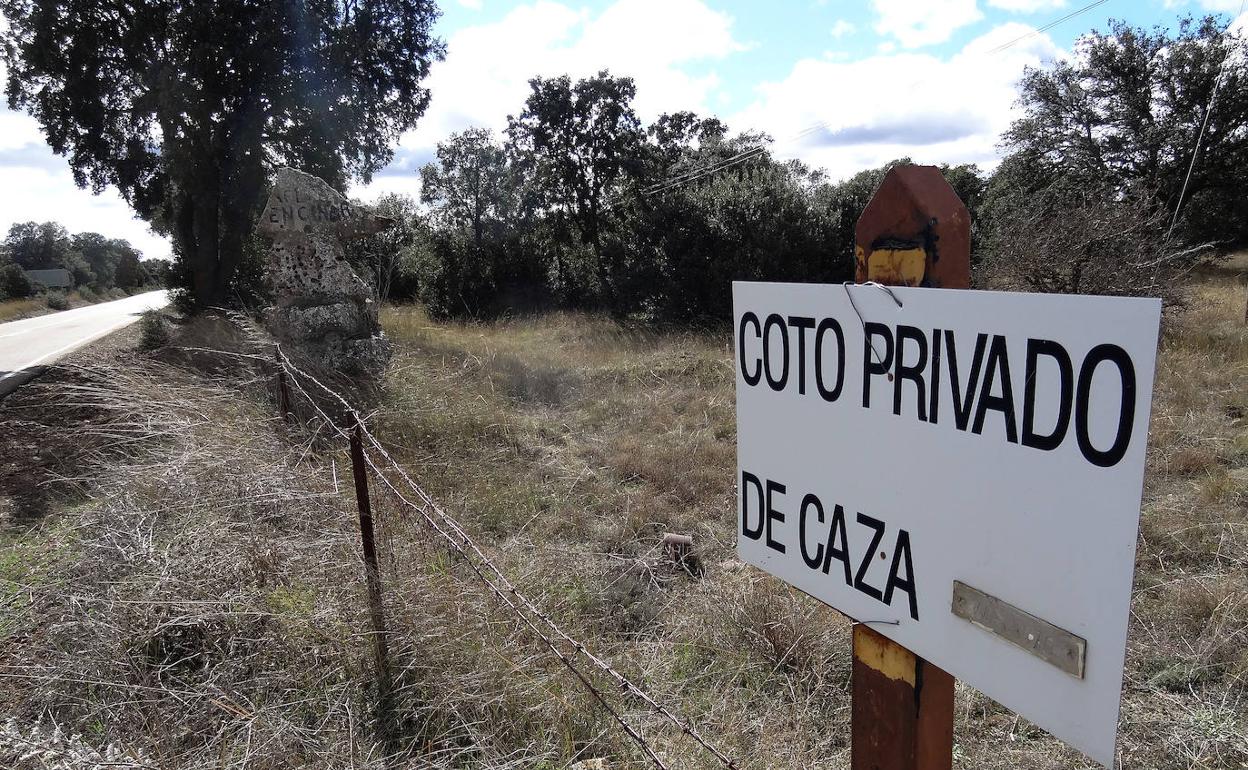 Cartel de un coto en el paraje del Encinar, junto a la carretera de Mucientes, en el término de Villalba de los Alcores, donde fue detenido el sospechoso el domingo.