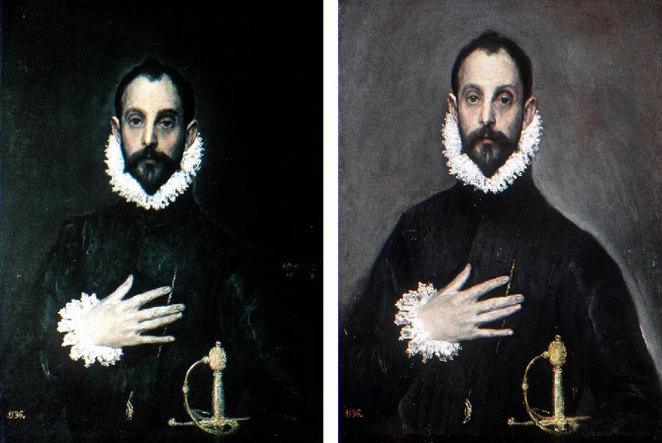 'El Caballero de la mano en el pecho', de El Greco, una de las obras más célebres del Museo del Prado. En 1996 se presentó al público tras su restauración, pero cuál fue la sorpresa al contemplar que el fondo del cuadro no era negro, como se creía hasta entonces, sino gris. Hubo entonces voces que se mostraron en desacuerdo con los trabajos del restaurador Rafael Alonso, decían que se le había ido la mano con la limpieza de los barnices oxidados y los repintes. El asunto llegó incluso al Congreso de los Diputados. 