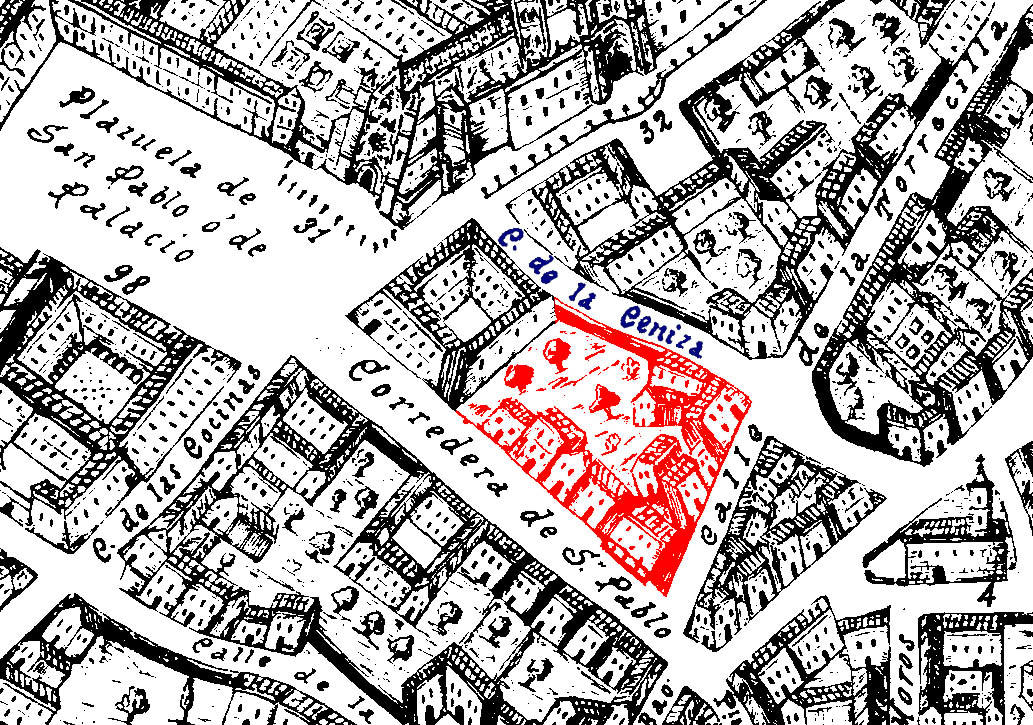 Ubicación -en rojo-, de las casas y jardín de la Casa del Marqués de Revilla sobre el plano de Ventura Seco de 1738, el primer plano de la ciudad de Valladolid..