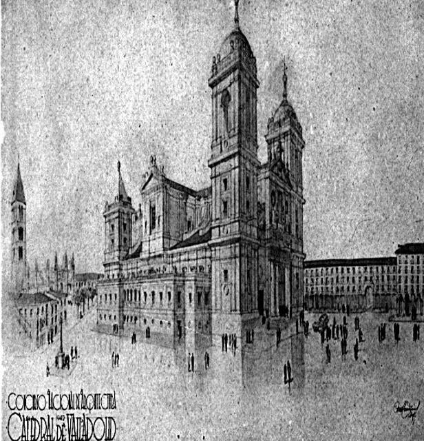 Dibujo de la catedral de Valladolid en el proyecto que presentó Candeira.