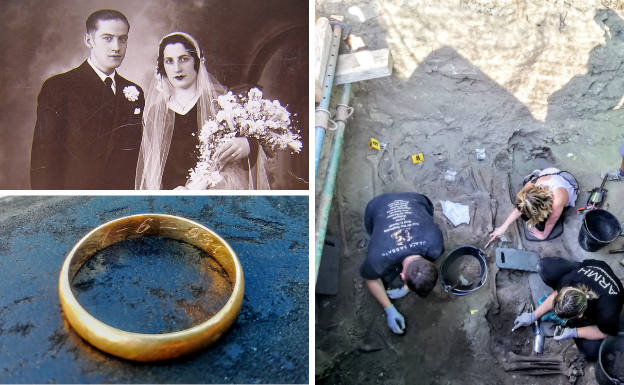 A lal derecha, excavación realizada en septiembre en El Espinar; a la izquierda, Eugenio e Isabel el día de su boda y la alianza encontrada.
