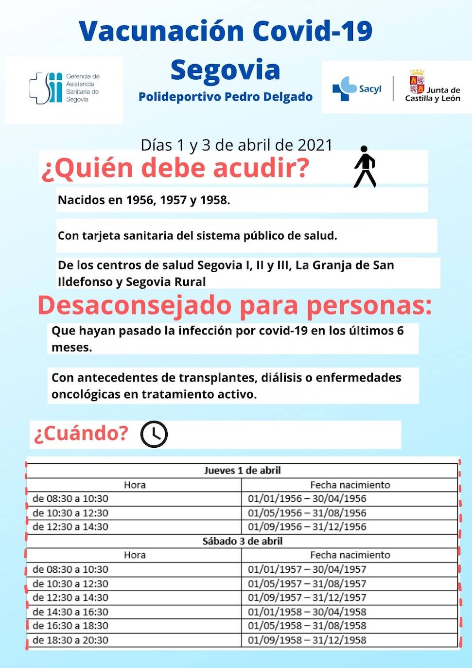 Información sobre la vacunación los días 1 y 3 de abril.