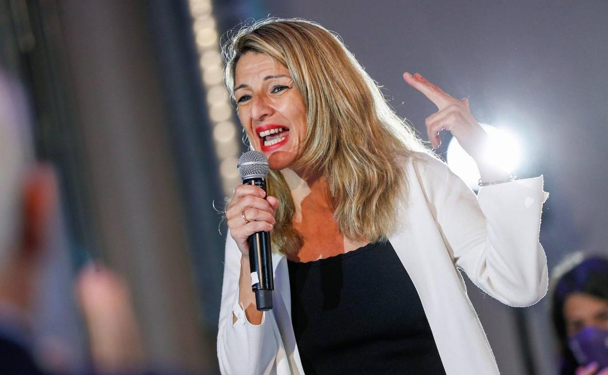 La ministra de Trabajo, Yolanda Díaz, en el acto de campaña 'Futuro Feminista' de Podemos en Madrid.