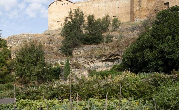 Huertos de ocio en el Valle del Clamores y al fondo, una parte de la muralla.