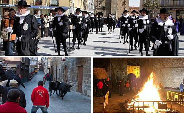 Arriba, procesión de la cofradía de la Vera Cruz, a cuyos miembros se les conoce como 'felipecuartos' por la inspiración real de su atuendo. Debajo, encierro por las calles y hoguera de la Virgen de los Desamparados.