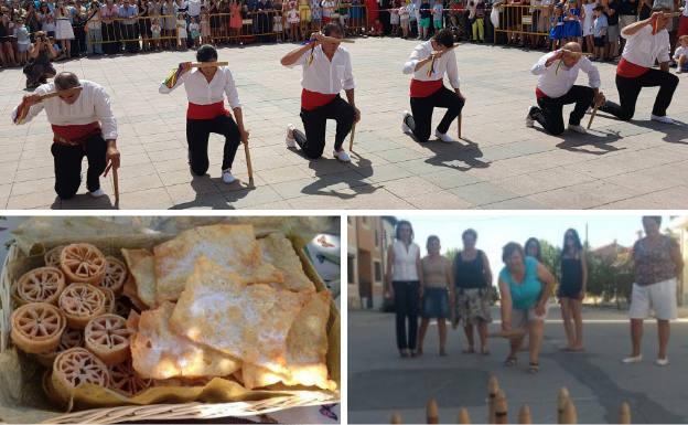 Arriba, saludo tras el paloteo. Abajo, florones y hojuelas y mujeres jugando a los bolos.