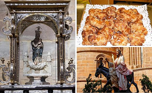 Ala izquierda la Virgen de la Vega, patrona de Benavente. Al lado, feos –dulces típicos de la localidad y algunos pueblos de Tierra de Campos– y el paso de Semana Santa 'Jesús en la Borriquilla'.