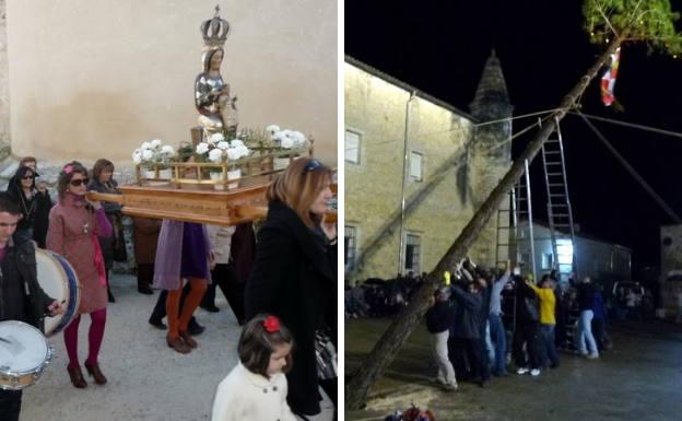 A la izquierda, procesión de Las Candelas. Al lado, pingado del mayo.