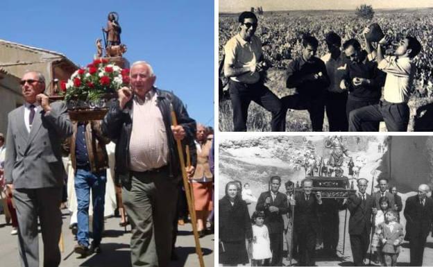 A la izquierda, procesión de San Isidrín de Becilla de Valderaduey. Al lado, un grupo de jóvenes durante el Domingo Tortillero hace años y antigua procesión de San Isidro.