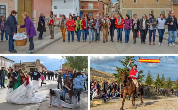 Arriba, recogida del bollo por las calles del pueblo.Debajo, carrera de sacos durante las fiestas patronales y tradicional carrera de cintas a caballo.