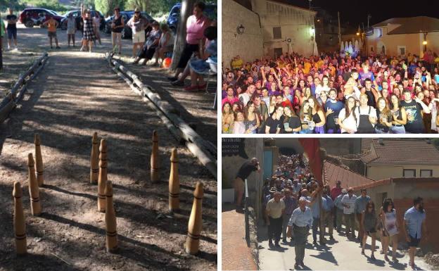 A la izquierda, un grupo de mujeres juegan a los bolos. Al lado, verbena en las fiestas de agosto y procesión de San Roque.