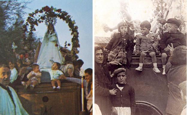 Nuestra Señora de la Vega durante su romería hace años, con los niños sentados en sus andas.