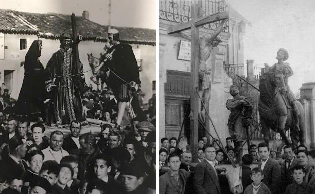 A la izquierda, procesión de Semana Santa en Sahagún en 1924. Al lado, fotografía antigua del paso de 'La Crucifixión con Longinos a caballo' en pleno desfile.