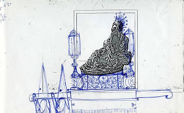Imagen principal - Varios de los bocetos de Luis Luna Moreno, para las andas de varias tallas de la Semana Santa vallisoletana. 