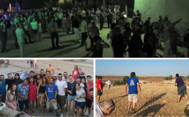 Arriba, los vecinos de Fontihoyuelo bailan la Redondilla alrededor de la iglesia de San Salvador. Debajo, jóvenes del pueblo y participantes en el Campeonato de Lanzamiento de Piedra.