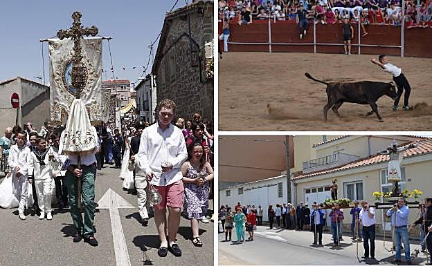 A la izquierda, procesión del Corpus Christi, fiesta principal del municipio. Al lado, vaquillas durante las fiestas y procesión de San Isidro Labrador.