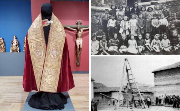 Capa diocesana que se llevó a la Expo de Sevilla y regresó sin los anclajes de oro y sin el escudo trasero. Al lado, los niños del pueblo posan en 1945 e imagen antigua de Páramo de Boedo.