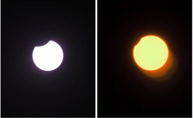 Dos momentos del eclipse en Valladolid. El primero, desde el Museo de la Ciencia y el segundo desde el barrio de La Rondilla. 