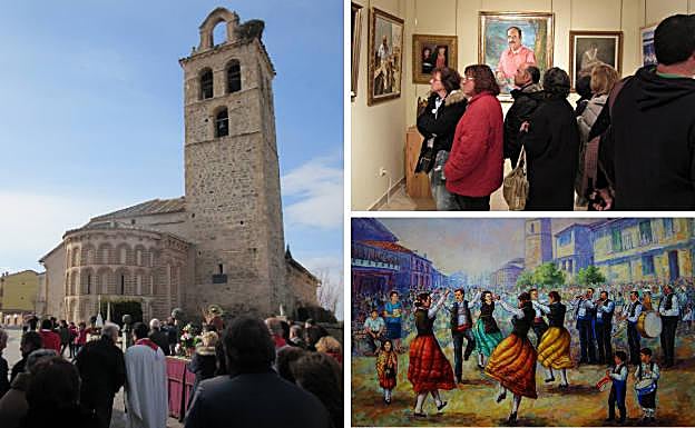 A la izquierda, procesión de San Roque. Al lado, varias personas en la pinacoteca y cuadro de Ángel Pérez 'Dimas' que recoge la 'Jota de Ronda' de Zarzuela de Monte.
