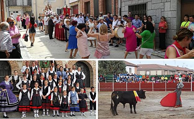 La jota no falta durante la celebración de la Exaltación de la Santa Cruz. Debajo, grupo de jotas de Zarzuela del Pinar y festival taurino durante las fiestas de septiembre.