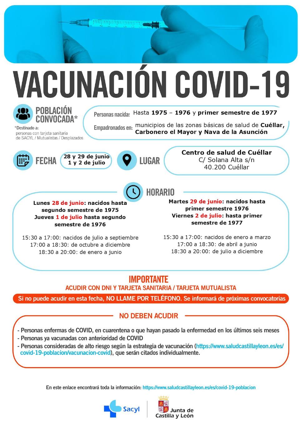 Horarios de vacunación para la próxima semana.