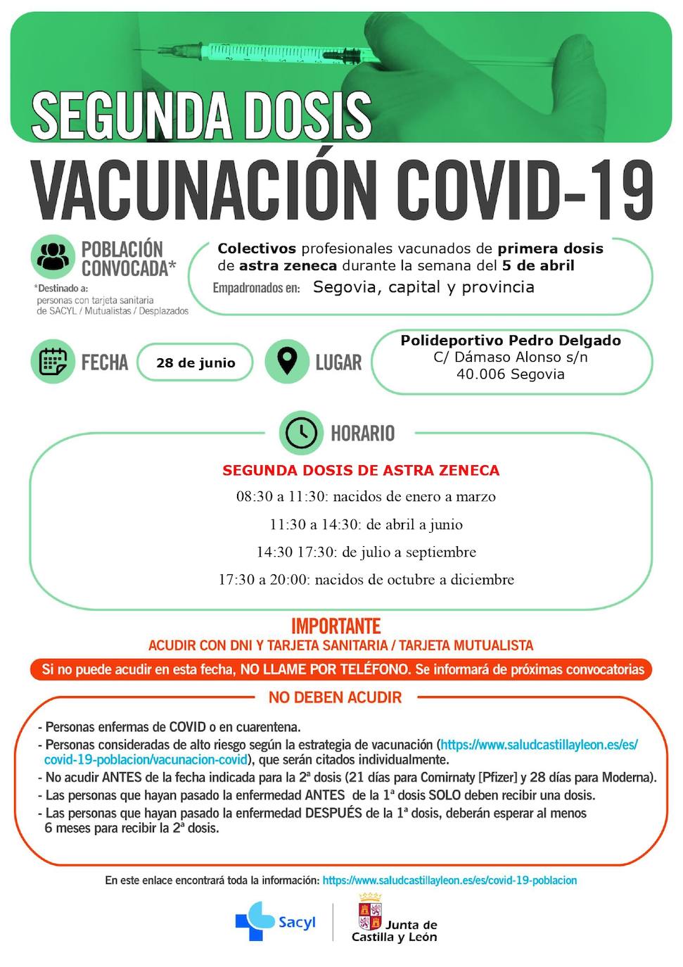 Horarios de vacunación para la próxima semana.