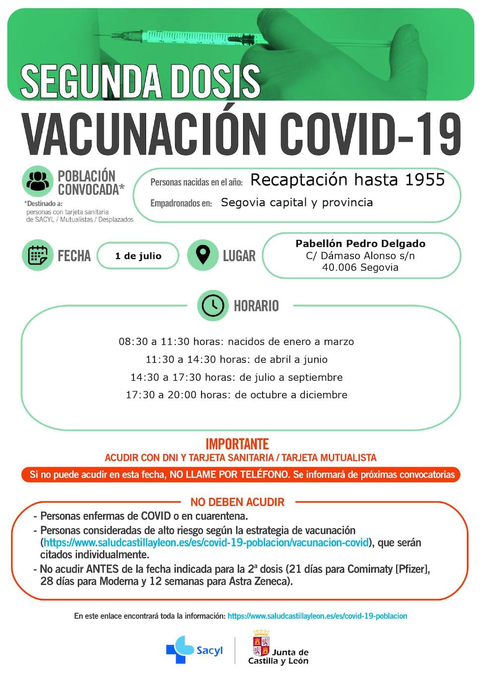 Horarios de vacunación para la próxima semana.