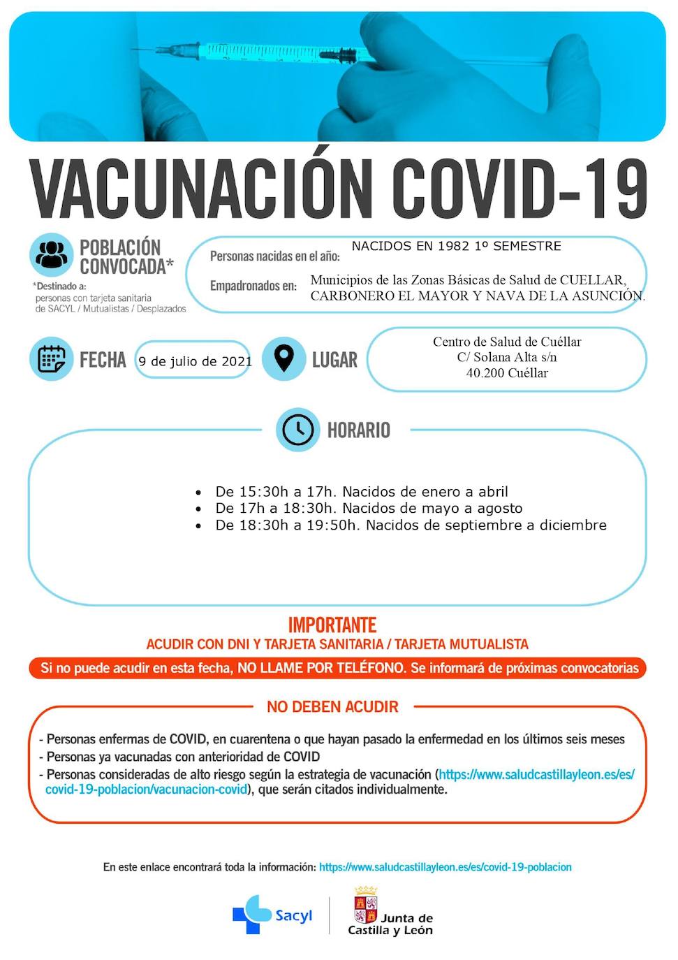 Horarios de vacunación para la próxima semana.