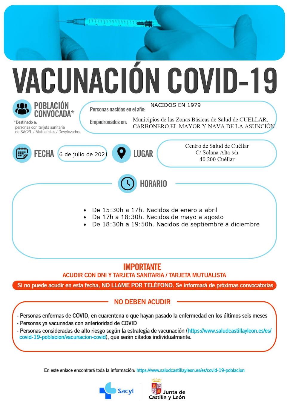 Horarios de vacunación para la próxima semana.