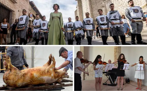 Arriba, una de las siete doncellas escoltada por las tropas del emir durante el Requerimiento. Debajo, un matarife destaza un cerdo en las Jornadas de la Matanza y Escuela Municipal de Música.