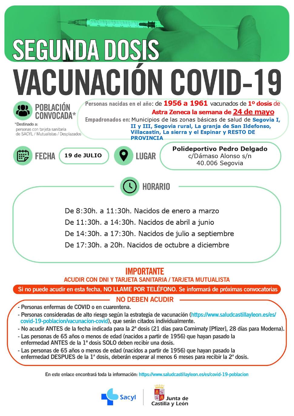 Imagen secundaria 1 - Arriba, cartel de segundas dosis para los adscritos a las zonas que se vacunan en el Pedro Delgado; abajo a la izquierda, segundas dosis de AstraZeneca la semana que viene en el pabellón; y a la derecha, segundas dosis la semana que viene en Cantalejo.