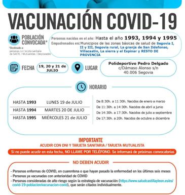 Llamamiento para la semana del 19 de julio para los residentes en las zonas a las que corresponde vacunarse en el pabellón Pedro Delgado de la capital segoviana.