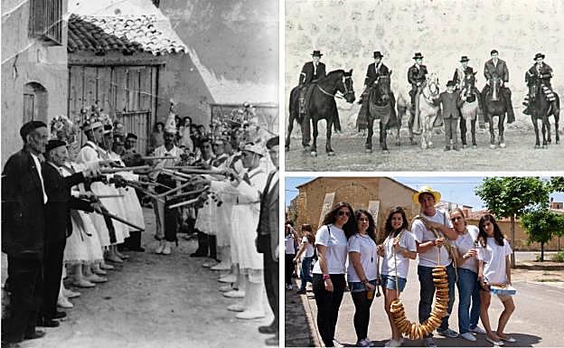 Imagen antigua de los danzantes en la calle Padre Hoyos. Al lado, quintos de 1945 y tradicional pedida de rosquillas durante las Pascuas por los jóvenes del municipio que alcanzan la mayoría de edad.
