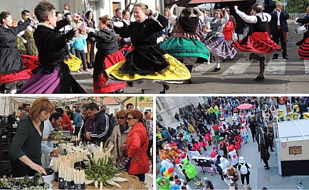 Arriba, bailes tradicionales durante la Feria del Espárrago. Debajo, uno de los puestos de venta de este producto y colorista y multitudinario carnaval.