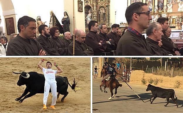 Arriba, hermanos y hermanas de la Venerable Orden Tercera antes de rezar la Corona franciscana. Debajo, el cortador local Roberto Vidal y desencierro de reses en las fiestas de septiembre.