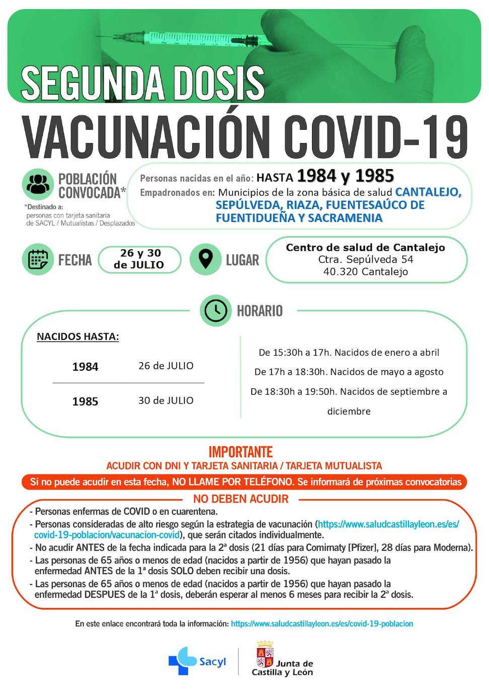 Horarios de vacunación para la próxima semana.