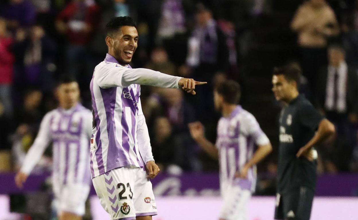 Anuar celebra el gol que anotó contra el Real Madrid el año del regreso del pucela a Primera. 