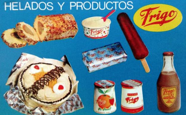 Imagen principal - Un antiguo cartel de Frigo (arriba). A la izquierda, un anuncio de frigo de 1954; a la derecha un cartel más reciente de Frigo. 