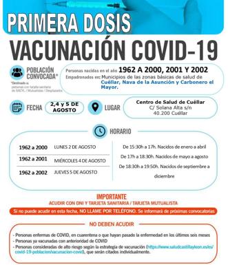 Llamamiento para la vacunación a los nacidos entre 2000 y 2002 en el centro de Cuéllar. 