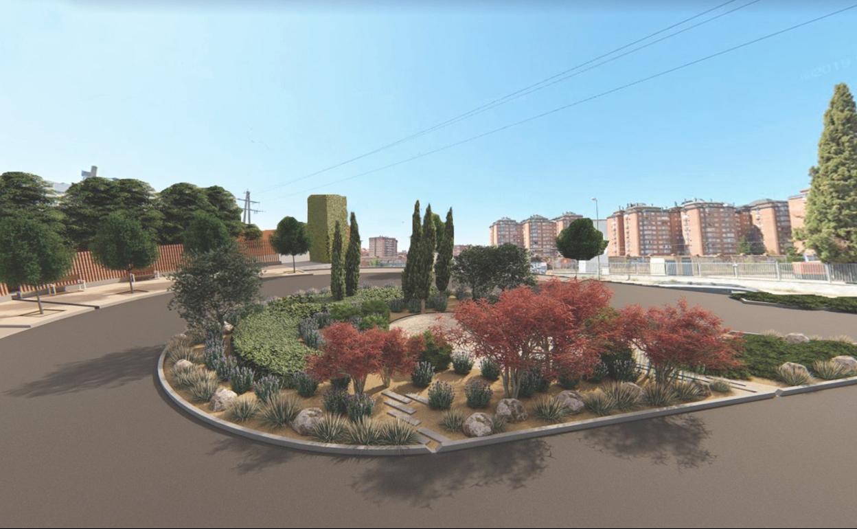 Imagen simulada del resultado final de las obras del jardín de lluvia en la rotonda de la calle Pilar Miró de Valladolid.